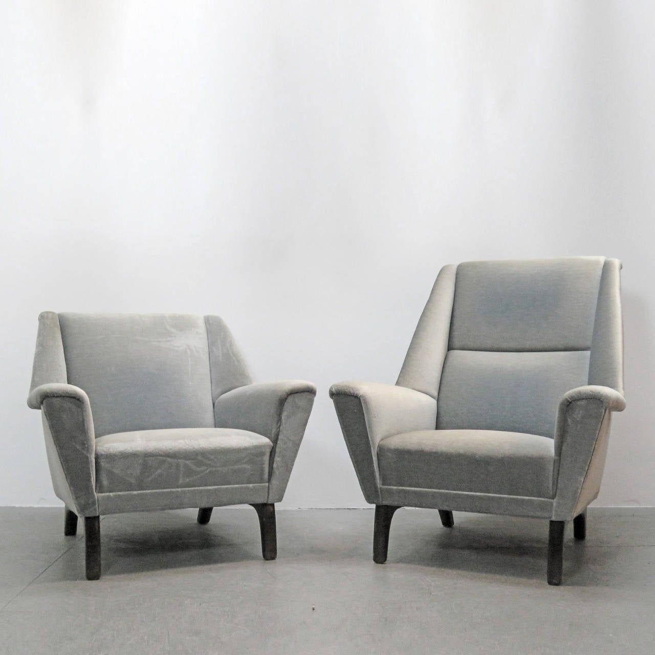 Stunning pair of Danish high back or low back lounge chairs with gray mohair upholstery and teak legs (dimensions shown for the high back chair).