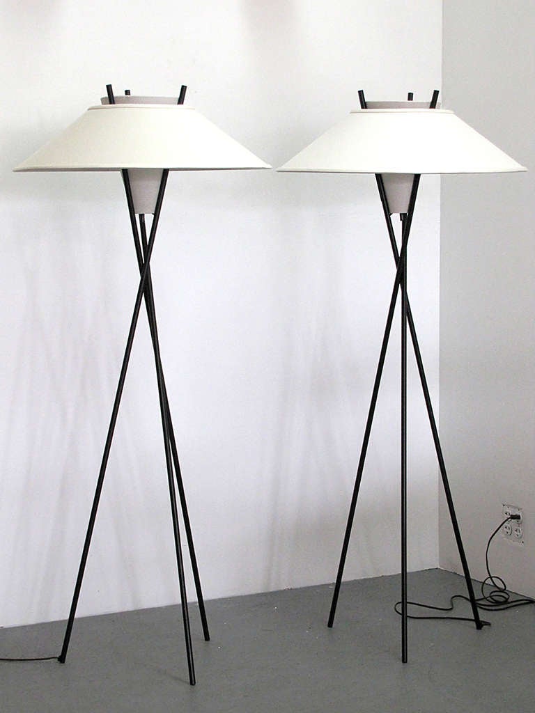 pair of sculptural Gerald Thurston tri-pod floor lamps, perforated white metal cones and custom shades