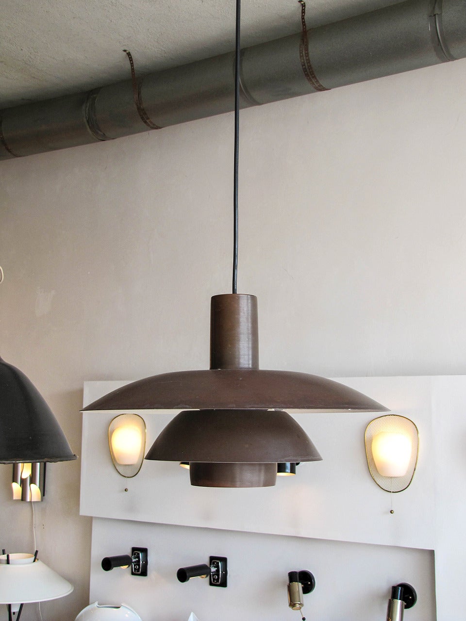 Wonderful PH 4½/4 copper pendant by Poul Henningsen for Louis Poulsen, suitable for indoor or outdoor use, the current drop of the fixture (42