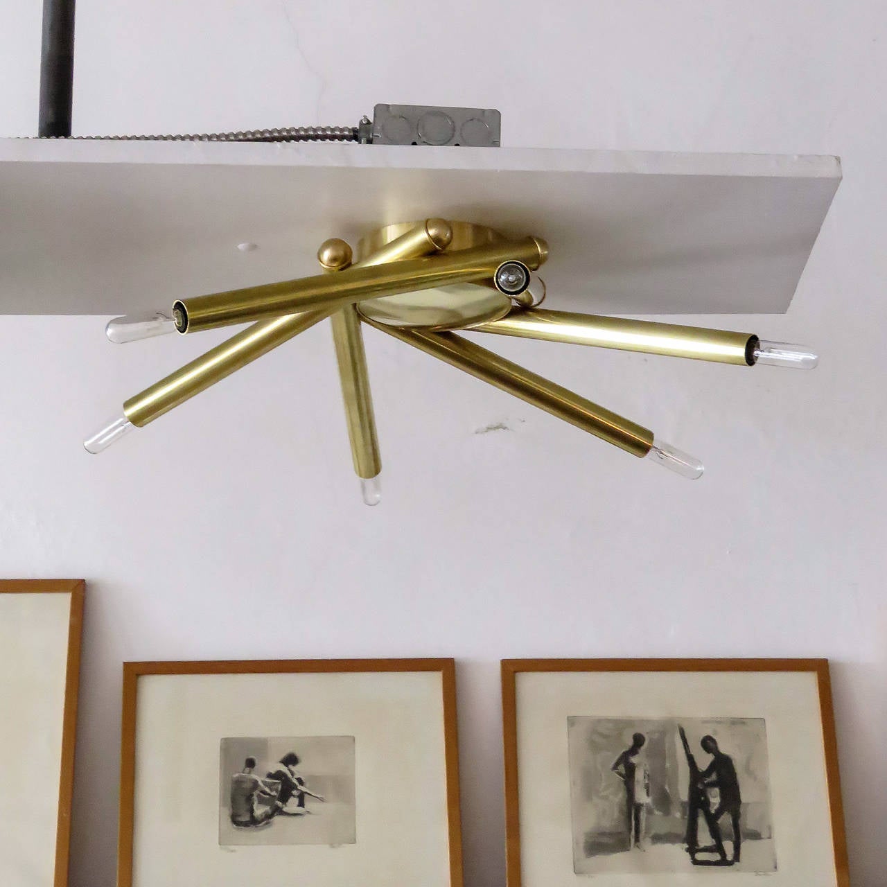 Stunning custom six-arm brass flush mount fixture, can be used as wall or ceiling light, available in different sizes and finishes,  six E12 sockets, max. wattage 40w each, UL listing available upon request for an additional charge. Multiples