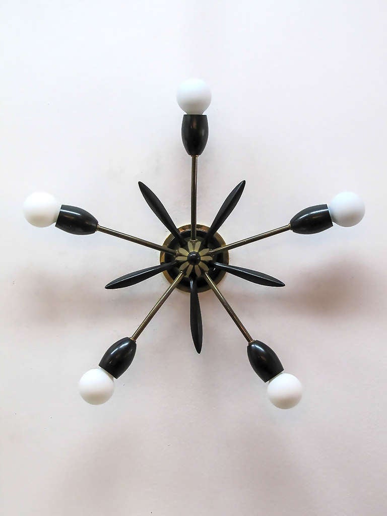 wonderful German five arm sputnik in brass and enameled metal, can be used as wall or ceiling flush mount fixture