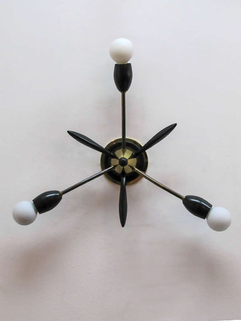 wonderful German three arm sputnik in brass and enameled metal, can be used as wall or ceiling flush mount fixture