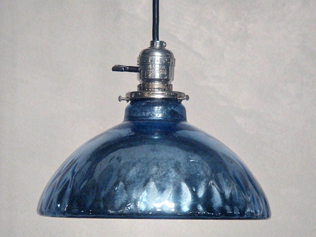 blue mercury Glass pendant lights<br />
oil lamp shade :: blue mercury glass from late 1800's to early 20th century<br />
priced as a set of four<br />
individually: 1800