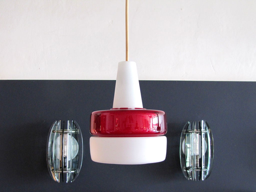 elegant german milk glass pendants with red clear glass slip on cups, priced as a pair
