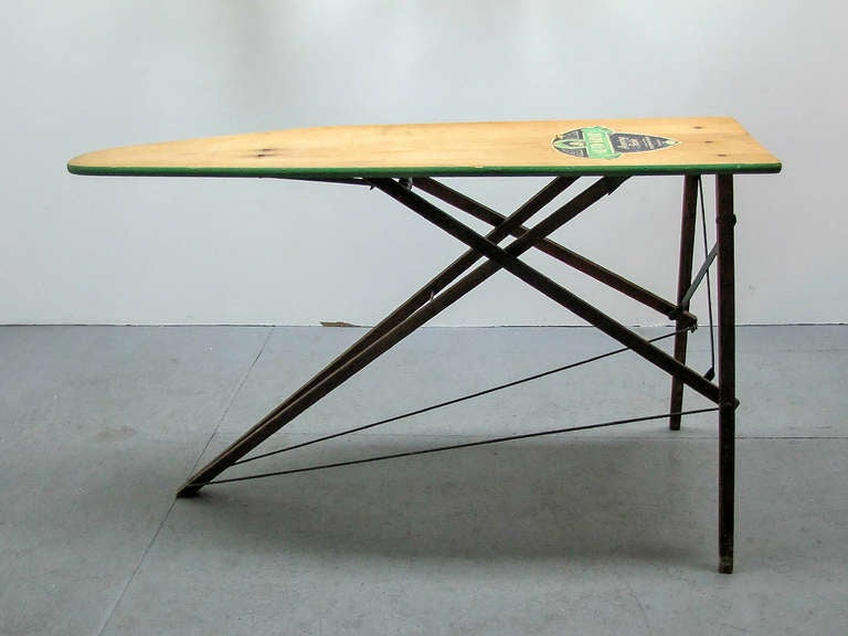 vintage wooden ironing board with metal hardware, multiple use as sideboard/serving board possible, great industrial detailing, folds flat