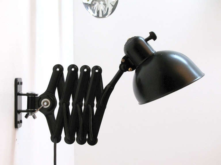 Wonderful pair of wall scissor lamps by Christian Dell for Kaiser & Co., 1937, black model No. 6718, maximum cantilever - 30