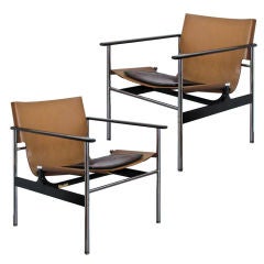 Retro Pair of  Leather Sling Arm Chairs