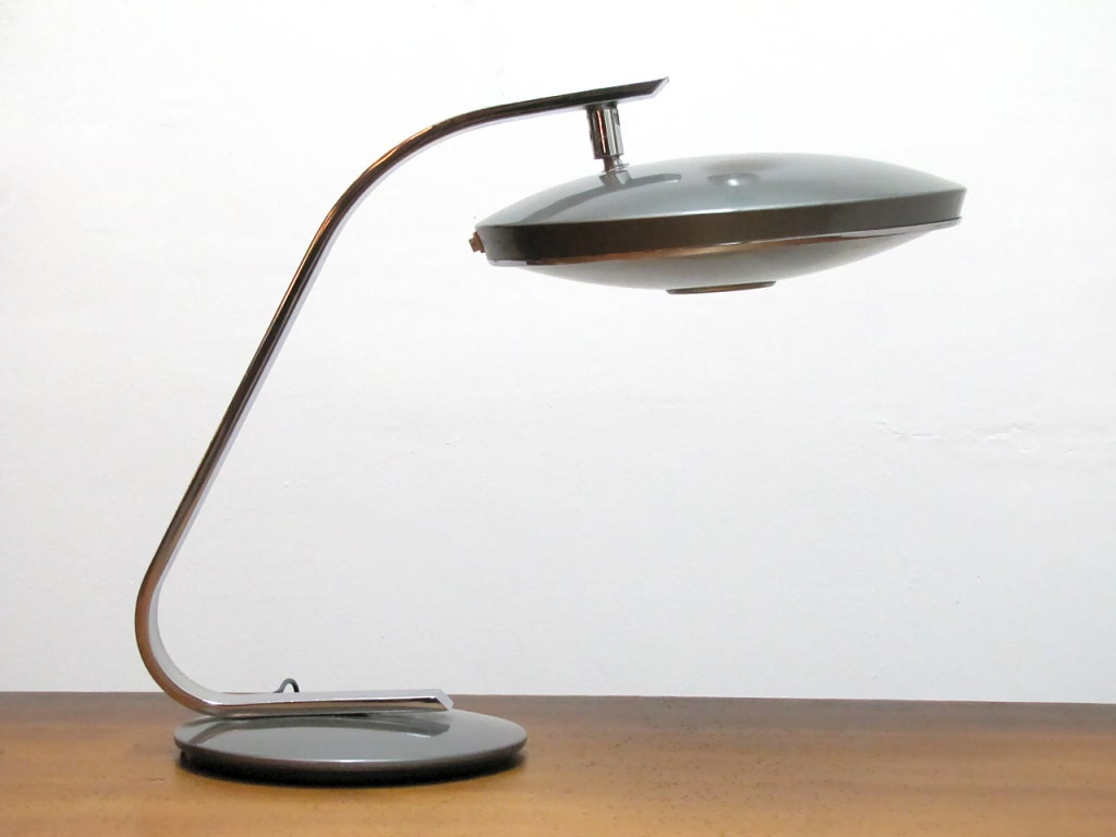 pair of elegant enameled metal desk lamps by Fase Madrid, Spain, articulating head, two bulb set up behind a glass diffuser, one of the lamps is a tad darker than the other, priced individually