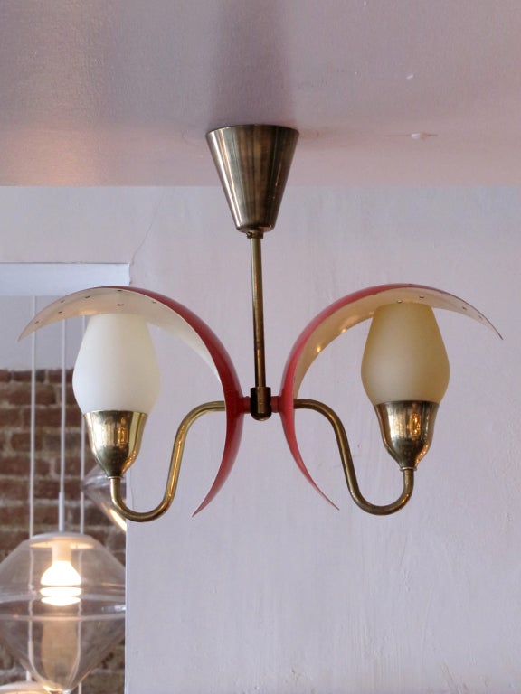 wonderful danish double arm brass chandelier by Bent Kary for Fog & Mørup, with frosted tulip shades under red 