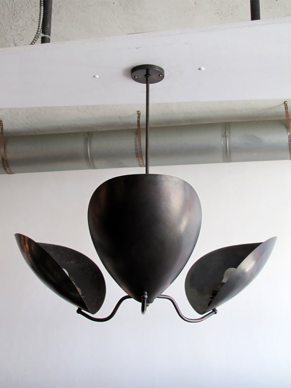 elegant triple arm brass shield pendant, blackened brass finish, contact us for lead time