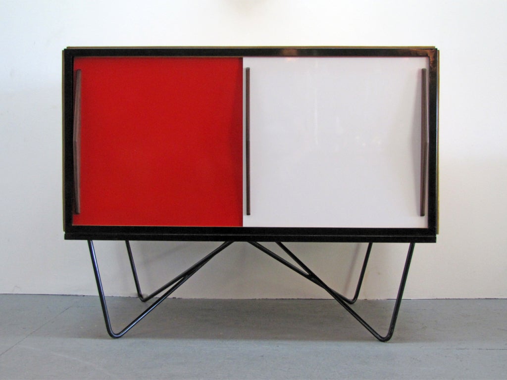 outstanding metal frame/wood console cabinet with metal sliding doors