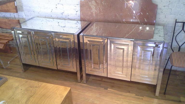 Pair of Ello Three Door Mirrored Credenzas Nightstands