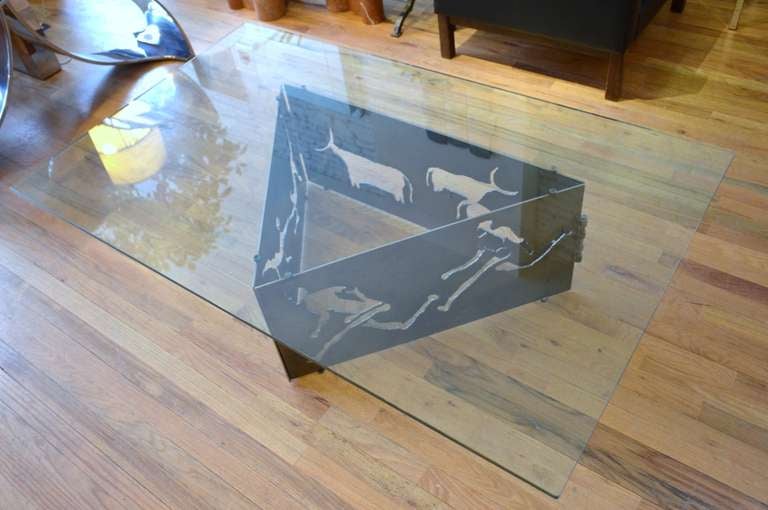 American Torch Cut Steel Coffee Table with Glass Top