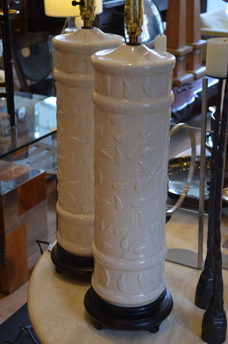 Late 20th Century Pair of White Crackle Glaze Lamps
