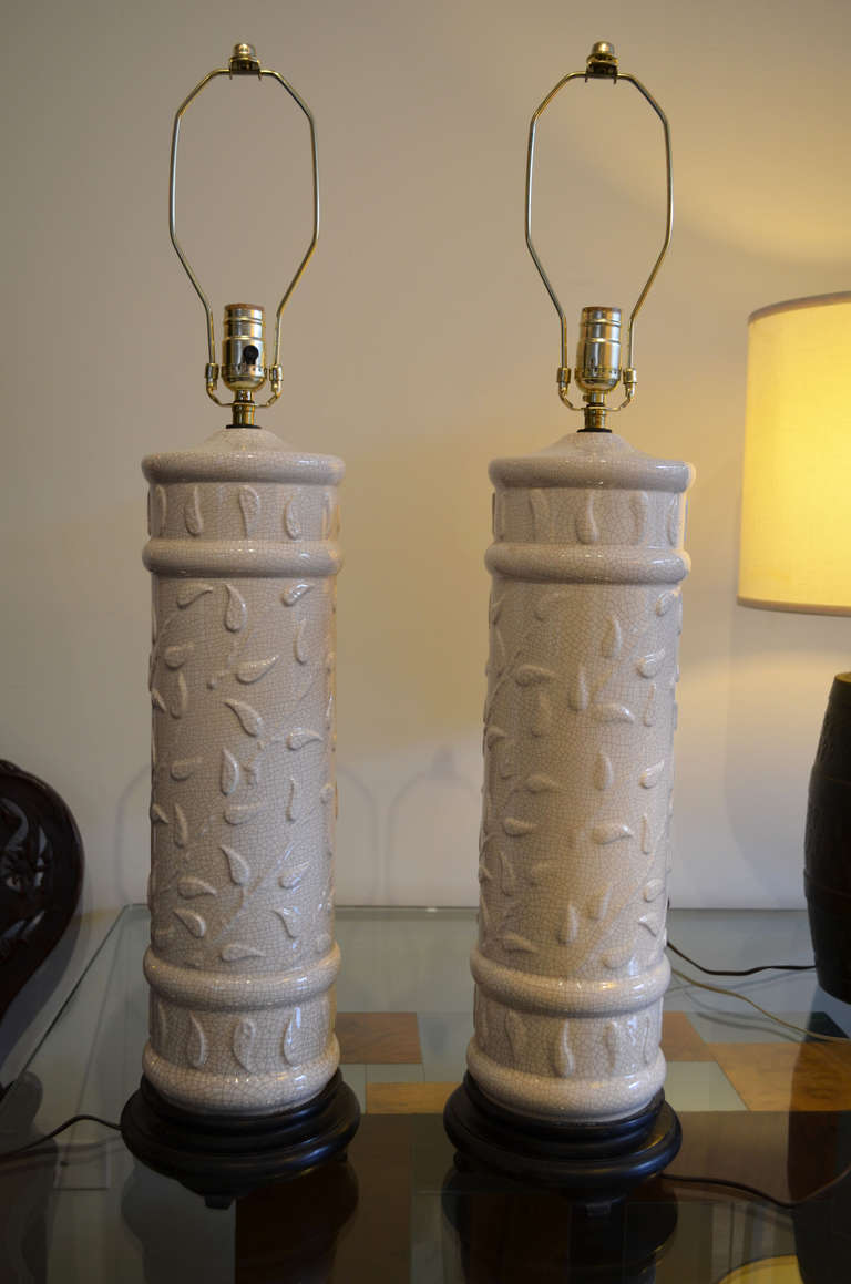 Mid-Century Modern Pair of White Crackle Glaze Lamps