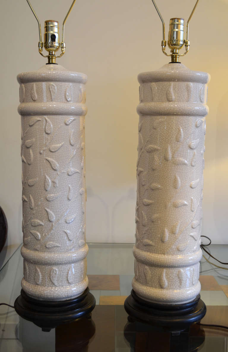 Ceramic Pair of White Crackle Glaze Lamps