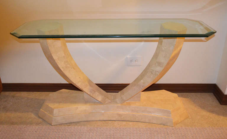 A modern tessellated marble  console or sofa table with glass top by Maitland Smith.
Extremely well made hallway table  in excellent vintage condition.Original heavy thick glass.
A black marble console was used in " Wolf of Wall Street "