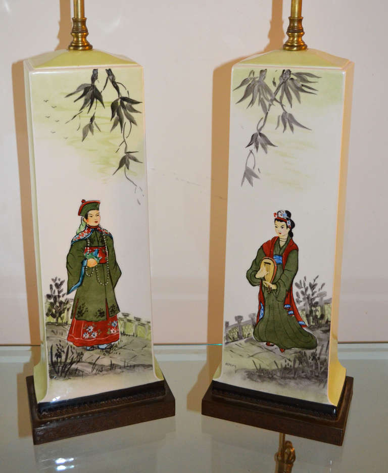A pair of James Mont vintage rare inspired Asian Style ceramic table lamps.

 