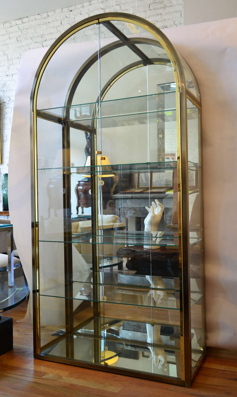 A stunning pair of arched DIA bronze with brass vitrines. This elegant pair has mirrored backs and bases. Glass sides and doors are topped with arched glass panels. Each vitrine has four glass shelves.
We are always adding to our 1st dibs inventory