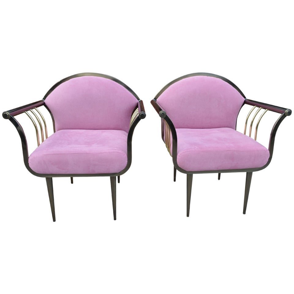 Pair of Design Institute of America DIA Memphis Style Bronze and Brass Armchairs