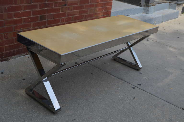 American Milo Baughman Style Chrome Bench With X Form Base