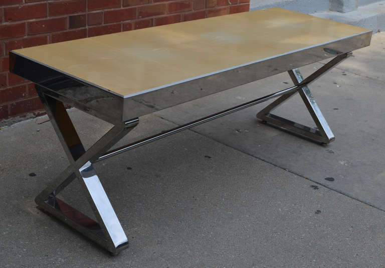 Milo Baughman style Chrome bench with  heavy well crafted X form  base.
 The top is tiger  maple.