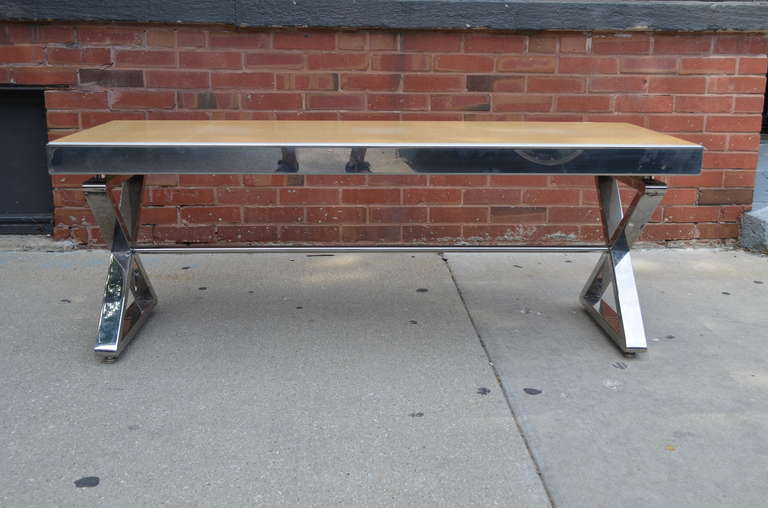 Mid-Century Modern Milo Baughman Style Chrome Bench With X Form Base