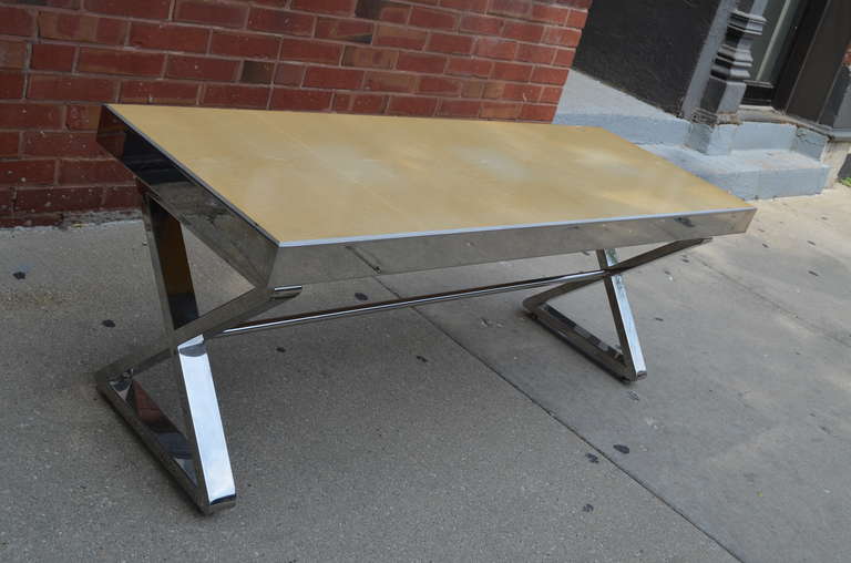 20th Century Milo Baughman Style Chrome Bench With X Form Base
