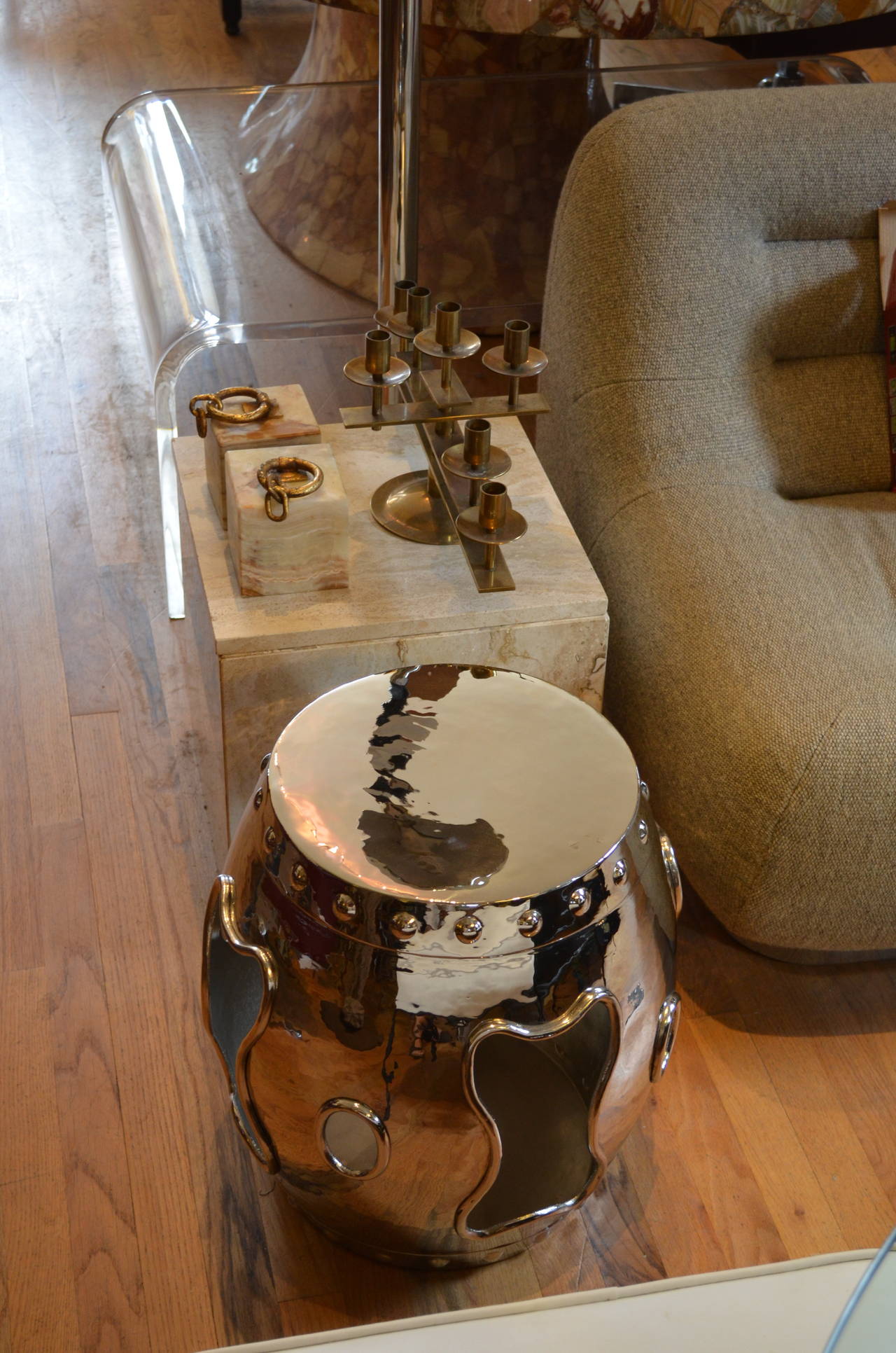 Late 20th Century Chinese Nickel Drum Garden Table or Stool