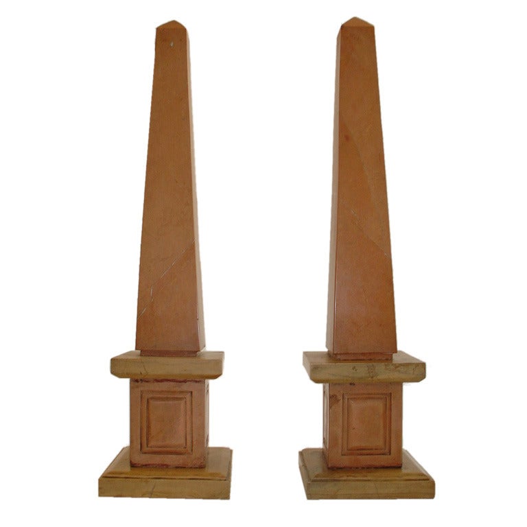 Pair of Nembro Rosato Large Marble Obelisks For Sale