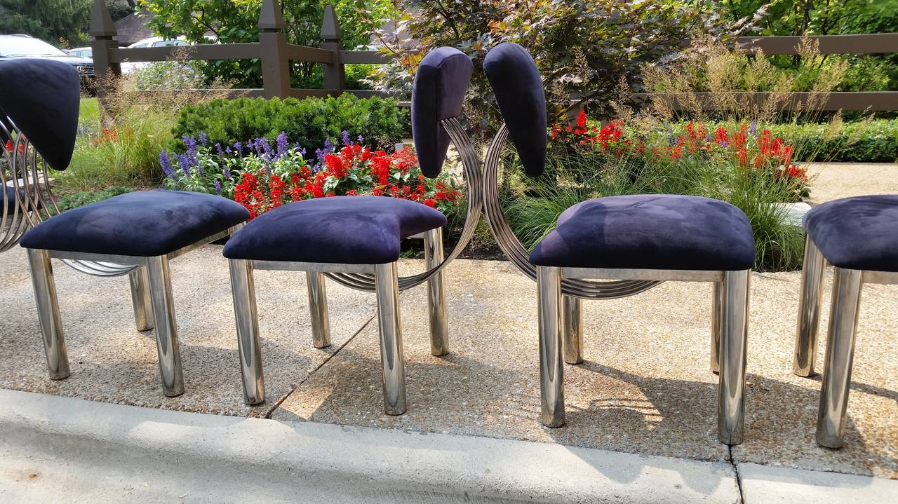 Set of Six Memphis Style Chrome Dining Chairs in style of  Ettore Sottsass In Excellent Condition In Chicago, IL