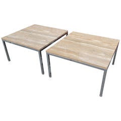 Custom Pair of Travertine and Chrome Side Tables by Knoll International.