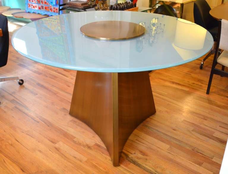 A remarkable custom bronze and opaque glass center or hall table. Thick original 
 glass is aqua (bluish - green color).      