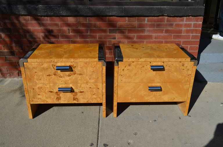 Mid-Century Modern Pair of Burl and Chrome Nightstands from the Pace Collection