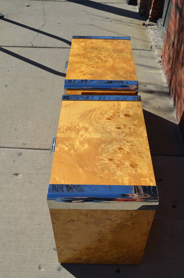 Pair of Burl and Chrome Nightstands from the Pace Collection 1