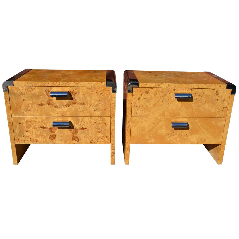 Pair of Burl and Chrome Nightstands from the Pace Collection