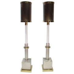 Pair of Brushed Stainless Steel and Brass Lamps