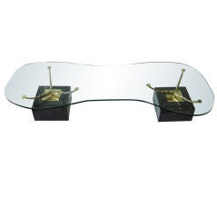 Enormous Italian Brass Marble and Glass Coffee Table