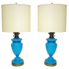 Pair Blue Opaline French Lamps
