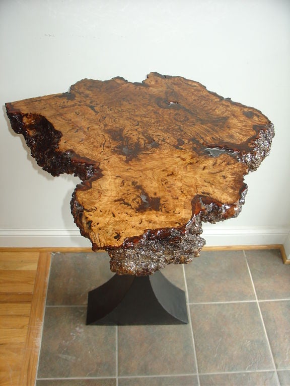 Mid-Century Modern Burl Wood Side Table with Metal Base