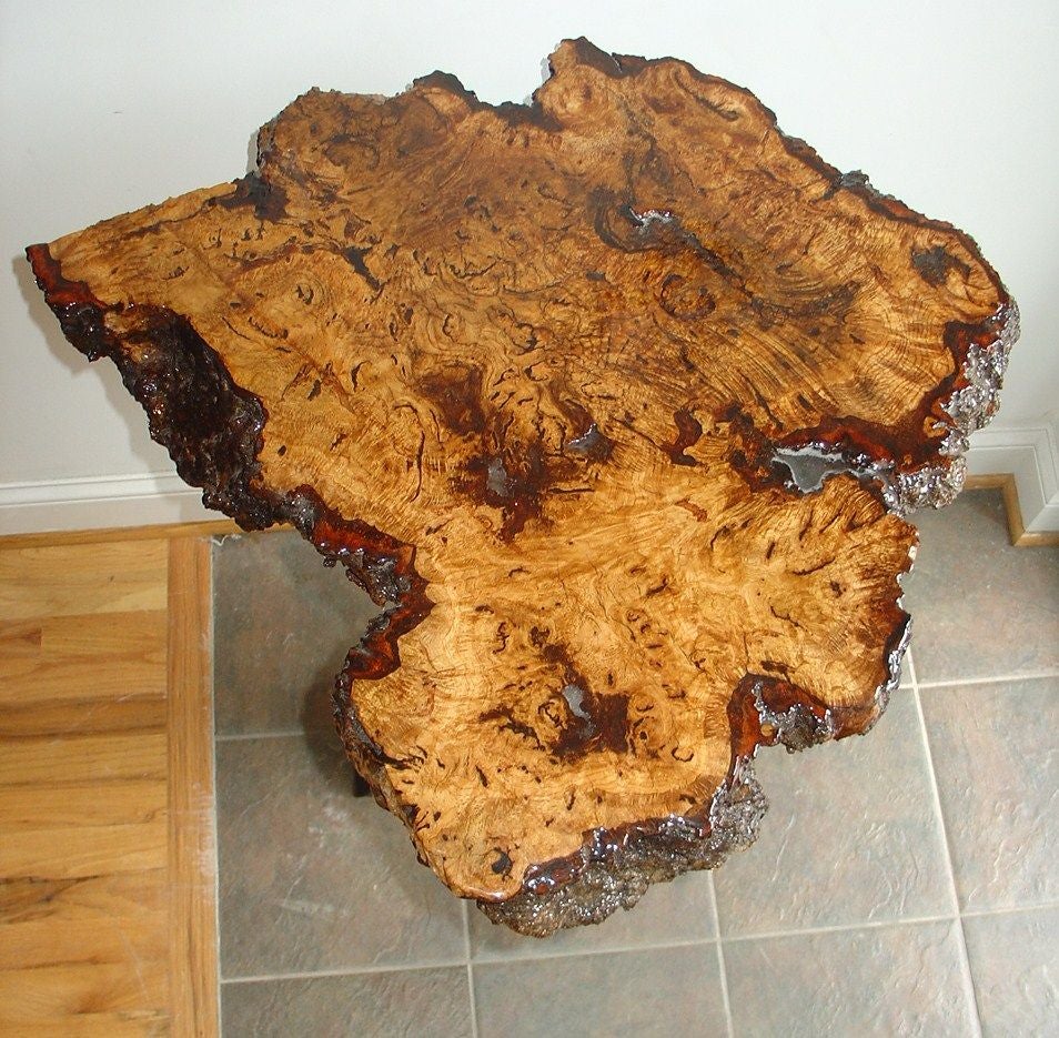 American Burl Wood Side Table with Metal Base