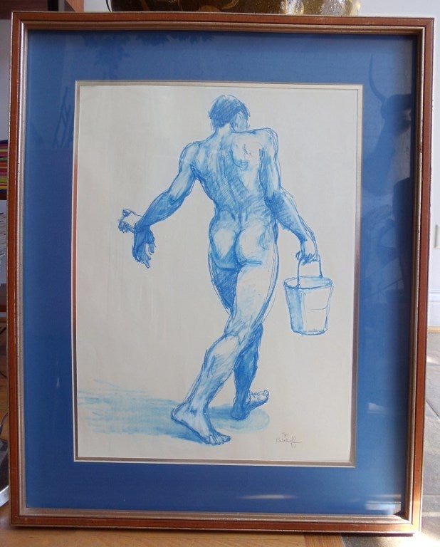 A large mid century male nude charcol print.  The subject in the print is seen from his backside walking away while carrying a water bucket. Signed Kalthoff '75.