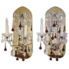 Pair of French Mirrored Crystal Sconces with Mirrored Backplate