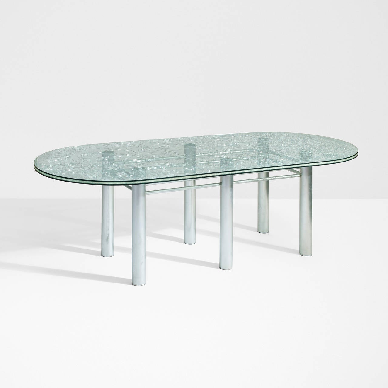 dining table for Tamotsu Yagi by Shiro Kuramata for Ishimaru Co., Ltd and Mihoya Glass

Japan, 1987
laminated whole and broken glass, enameled steel, silicon
93.5 w x 43.25 d x 29 h inches

This work is unique.

provenance: Tamotsu Yagi, San