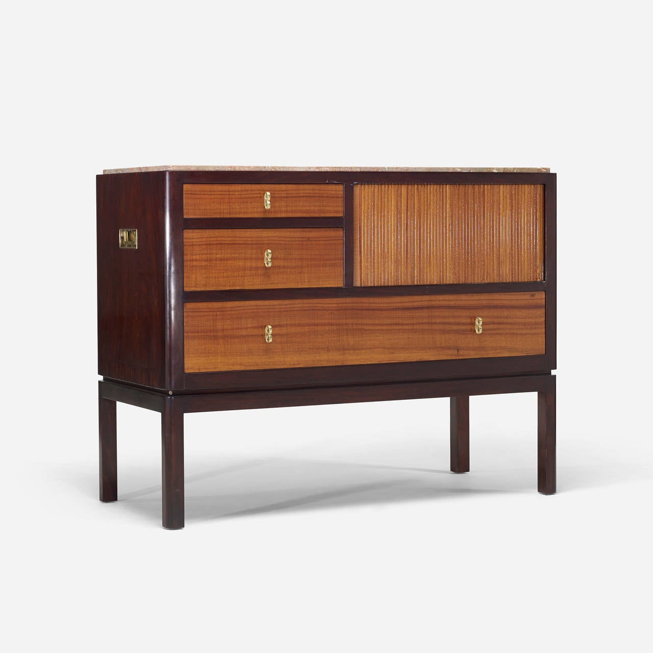 Cabinet features three drawers and one tambour door concealing storage. Signed with applied green metal manufacturer's label to drawer: [Dunbar Berne, Indiana].