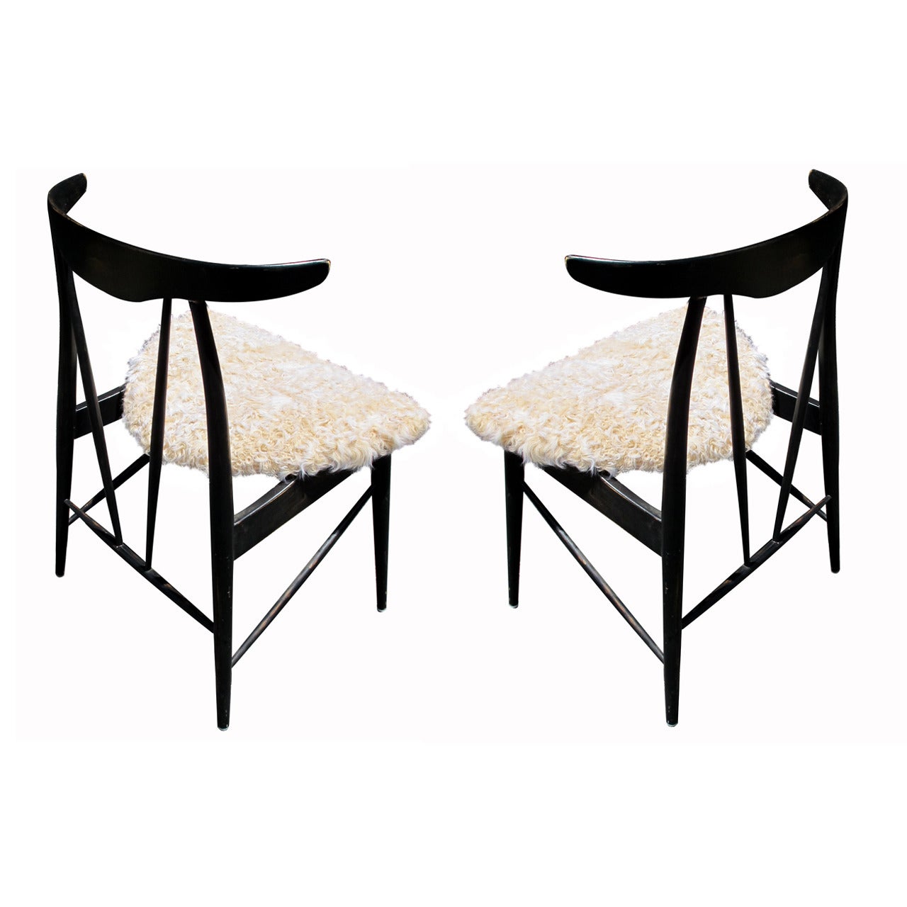 A Pair of 1950s Sculptural Spindleback Side Chairs Upholstered in Curly Lamb