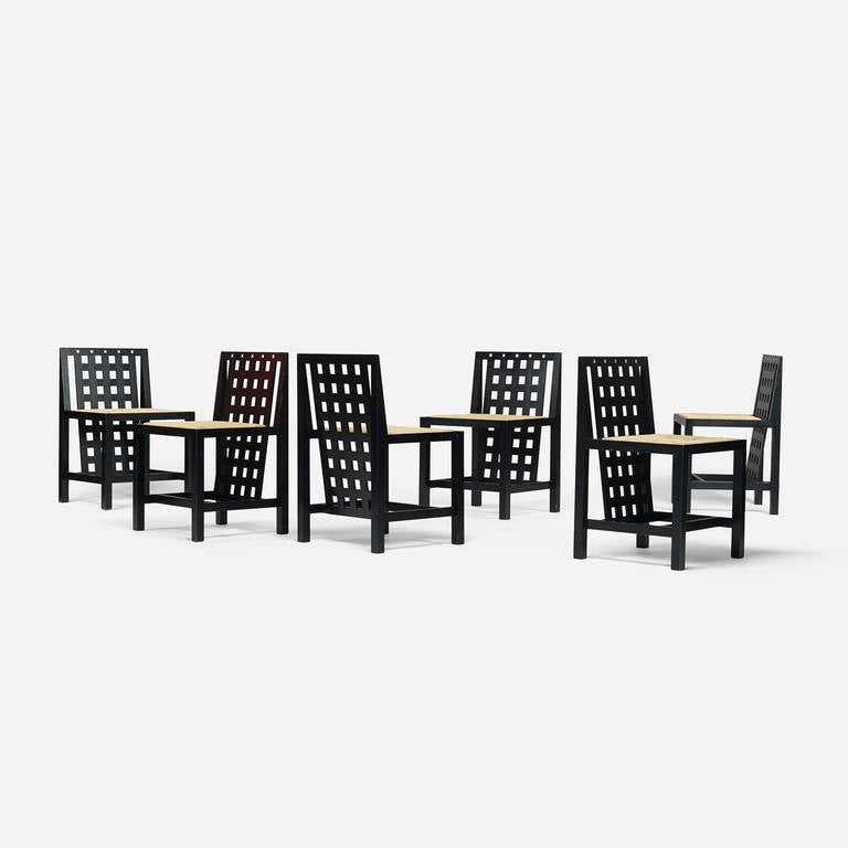 Set includes table and six chairs; chairs measure 19.5 w x 18 d x 29.5 h inches. Signed with stamped manufacturer's mark to frame of each chair: [Cassina Charles Rennie Mackintosh].