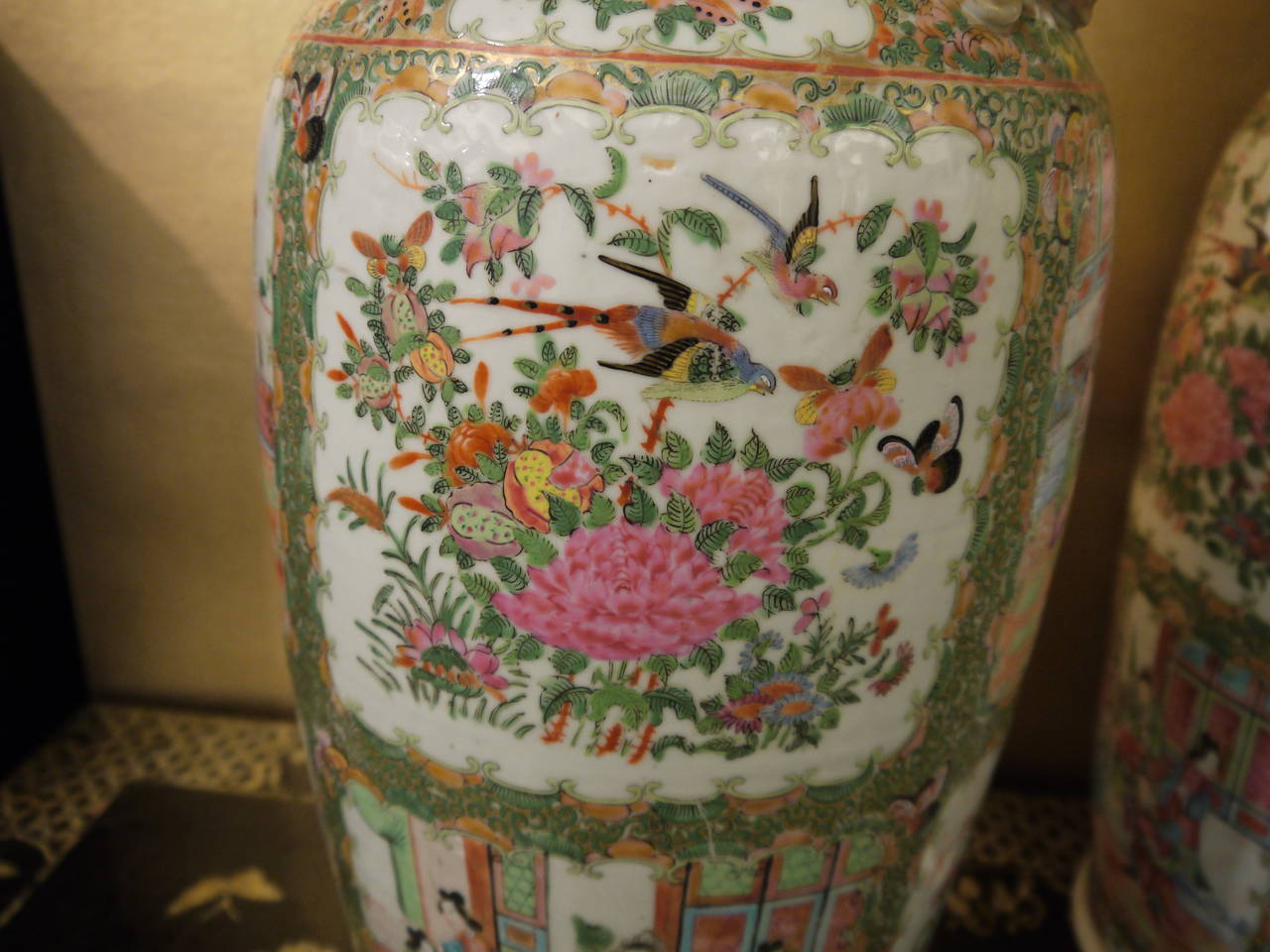 Hand-Painted Pair of Large Chinese Rose Canton Vases