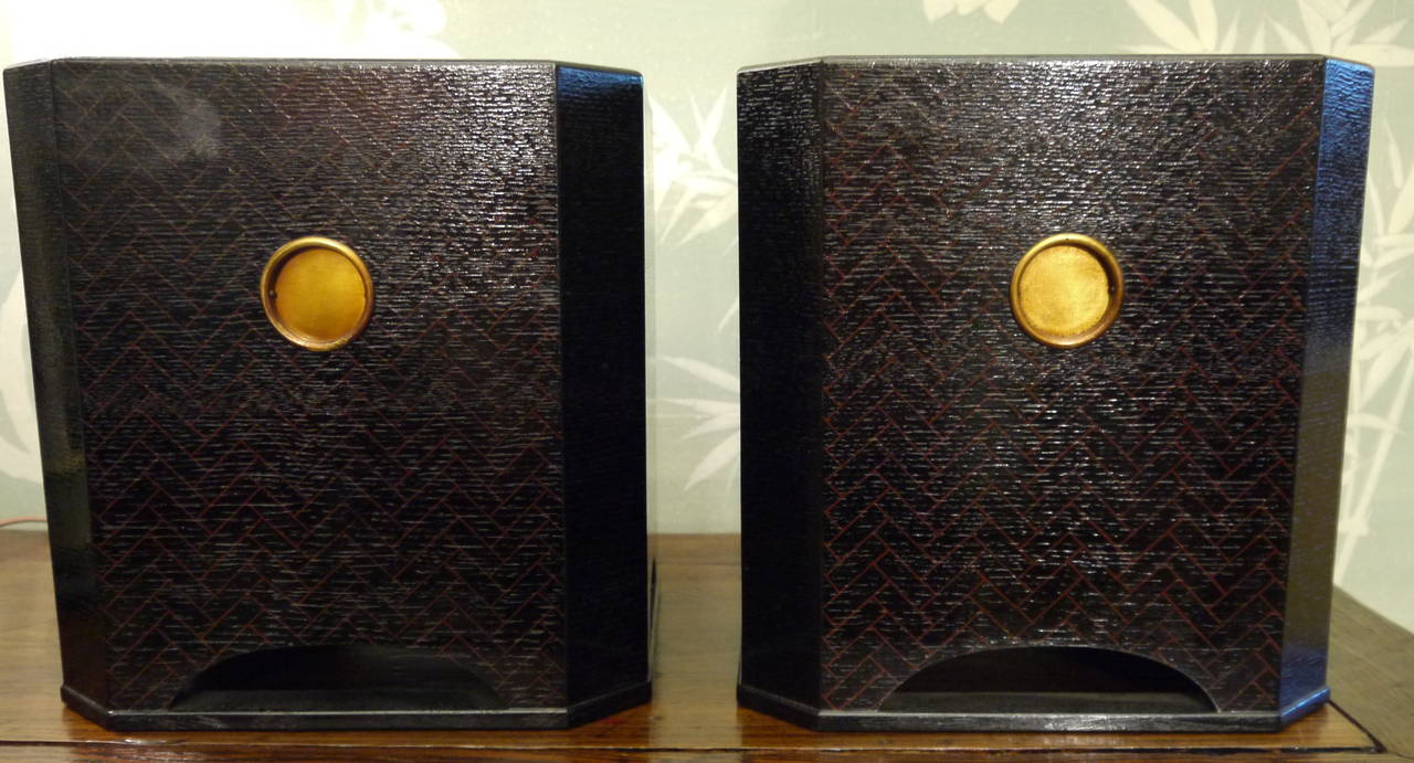 A pair of Japanese hibachis with lacquer exterior and geometric pattern, inset metal handles and metal interiors.
