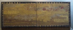 Two Panel Japanese Screen with Gold Clouds